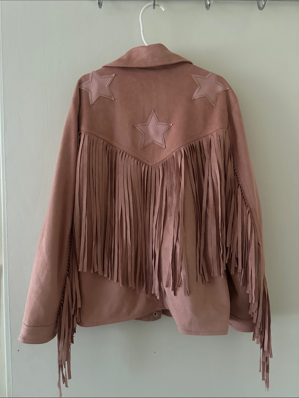 Women's Pink Fringe Leather Jacket with Star Accents - Picture 5 of 6